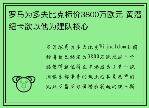 罗马为多夫比克标价3800万欧元 黄潜纽卡欲以他为建队核心 罗马为多夫比克标价3800万欧元 黄潜纽卡欲以他为建队核心