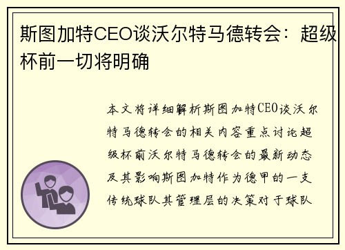 斯图加特CEO谈沃尔特马德转会:超级杯前一切将明确 斯图加特CEO谈沃尔特马德转会:超级杯前一切将明确