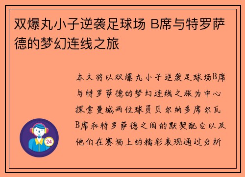 双爆丸小子逆袭足球场 B席与特罗萨德的梦幻连线之旅 双爆丸小子逆袭足球场 B席与特罗萨德的梦幻连线之旅